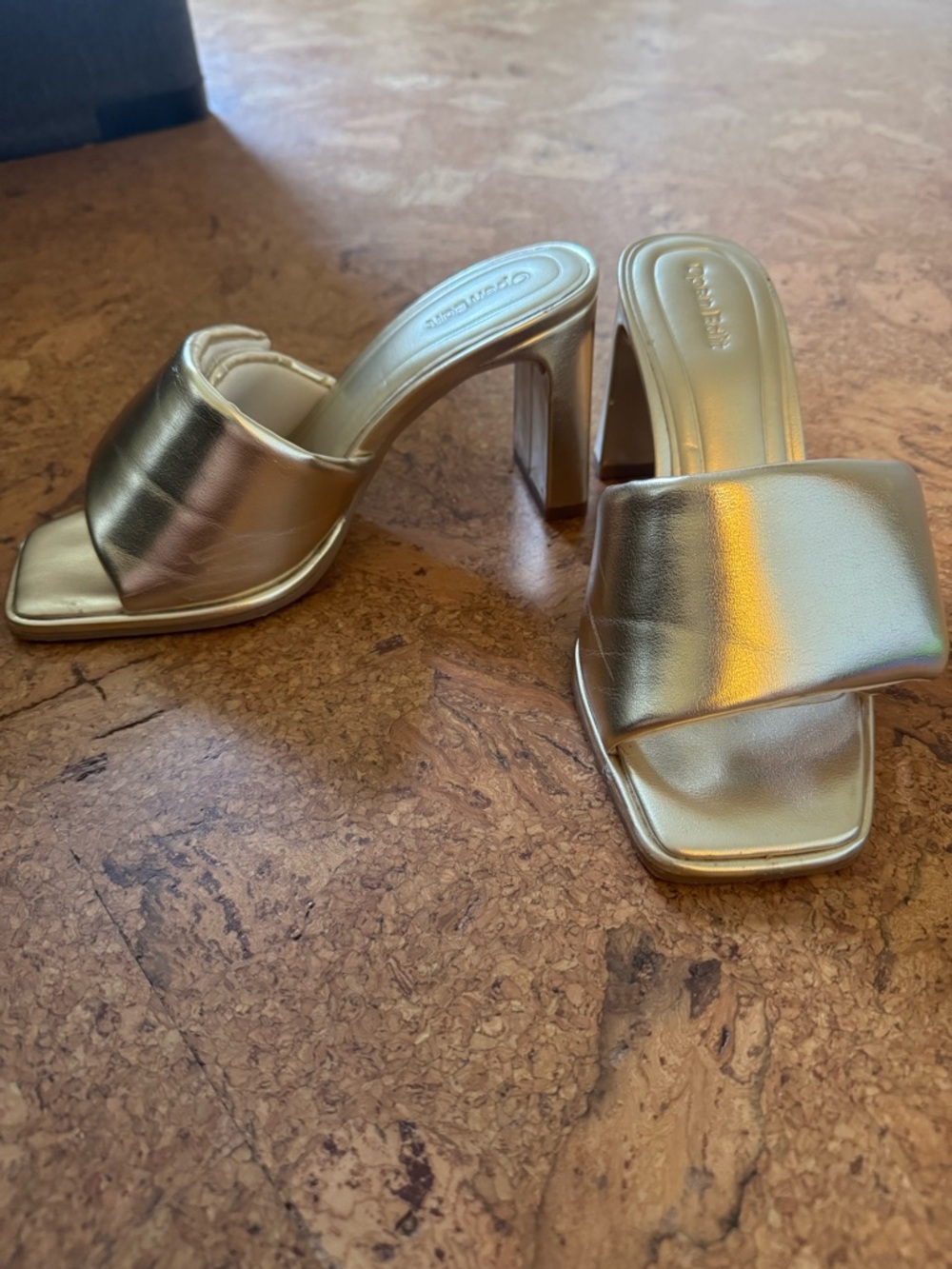 Metallic Gold Block Heel Slide Sandals - Women